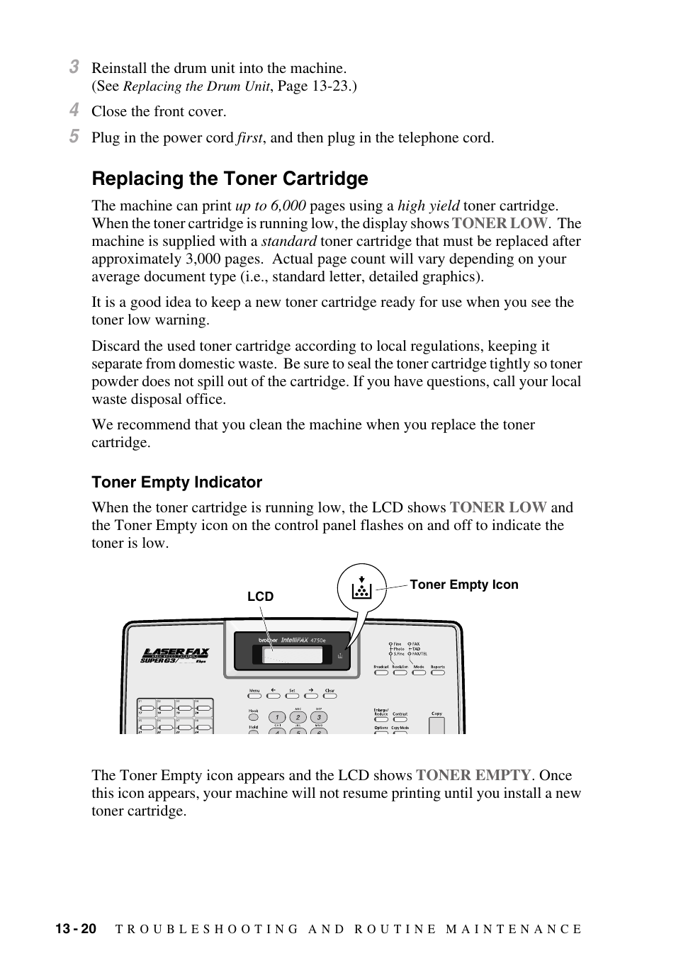 Replacing the toner cartridge, Toner empty indicator, Replacing the toner cartridge -20 | Toner empty indicator -20 | Brother IntelliFAX 4100e User Manual | Page 126 / 156