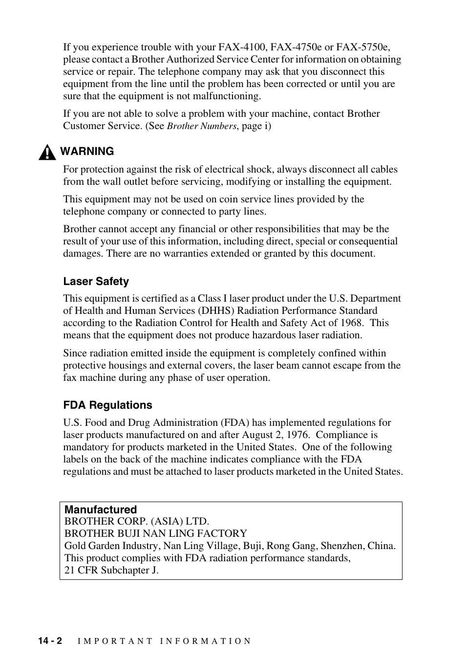 Laser safety, Fda regulations, Manufactured | Laser safety -2 fda regulations -2 manufactured -2 | Brother IntelliFAX 4100e User Manual | Page 132 / 156