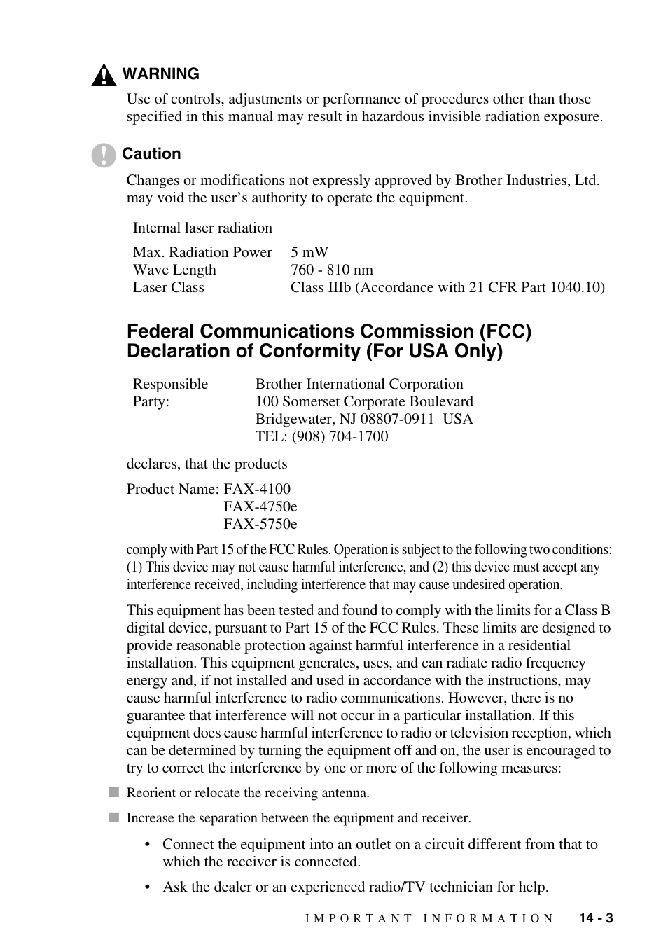 Of conformity (for usa only) -3 | Brother IntelliFAX 4100e User Manual | Page 133 / 156