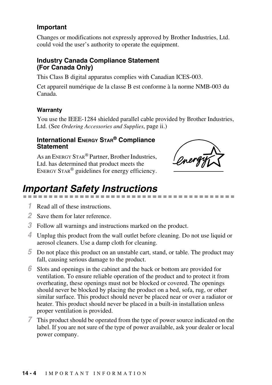 Important, Warranty, International energy star® compliance statement | Important safety instructions, Important -4 industry canada compliance statement, For canada only) -4, Warranty -4 international energy star, Compliance statement -4, Important safety instructions -4 | Brother IntelliFAX 4100e User Manual | Page 134 / 156