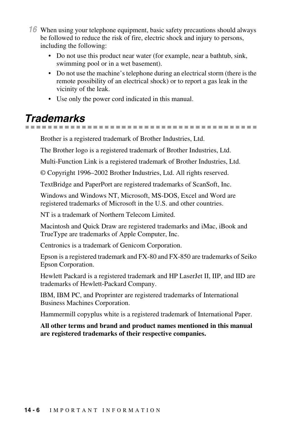 Trademarks, Trademarks -6 | Brother IntelliFAX 4100e User Manual | Page 136 / 156