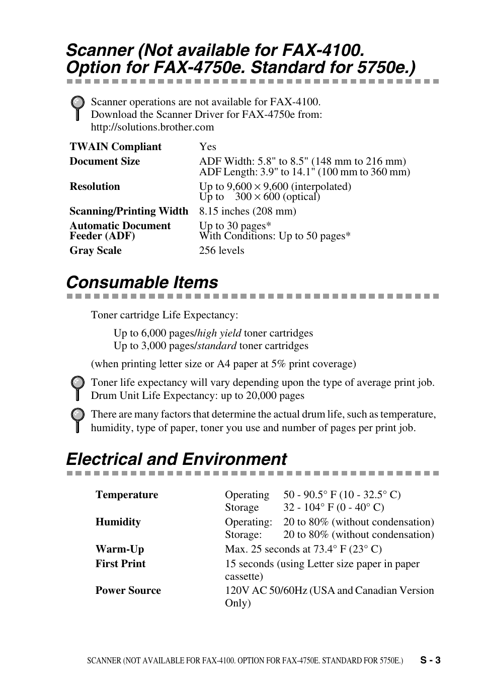 Consumable items, Electrical and environment, Scanner (not available for fax-4100 | Brother IntelliFAX 4100e User Manual | Page 143 / 156