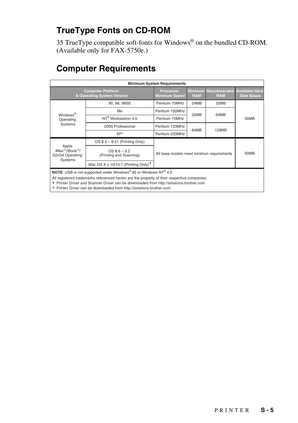 Truetype fonts on cd-rom, Computer requirements, 35 truetype compatible soft-fonts for windows | S - 5 | Brother IntelliFAX 4100e User Manual | Page 145 / 156