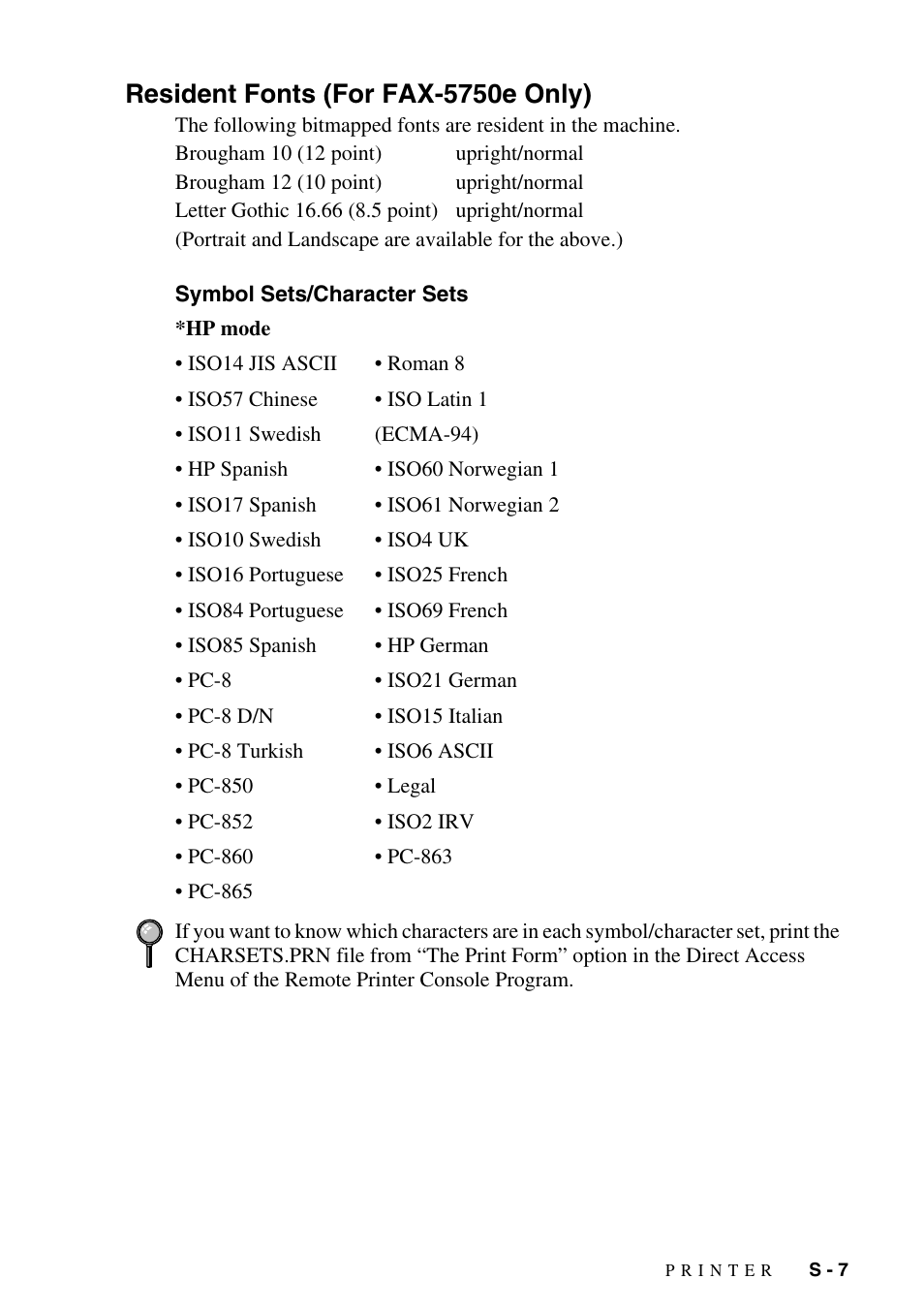 Resident fonts (for fax-5750e only), Symbol sets/character sets | Brother IntelliFAX 4100e User Manual | Page 147 / 156