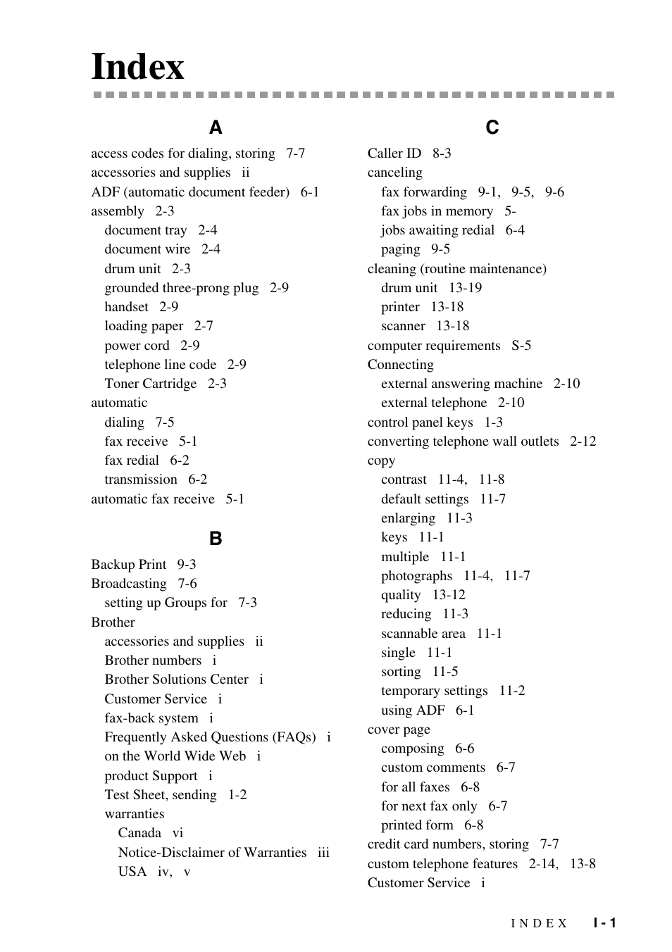 Index | Brother IntelliFAX 4100e User Manual | Page 149 / 156