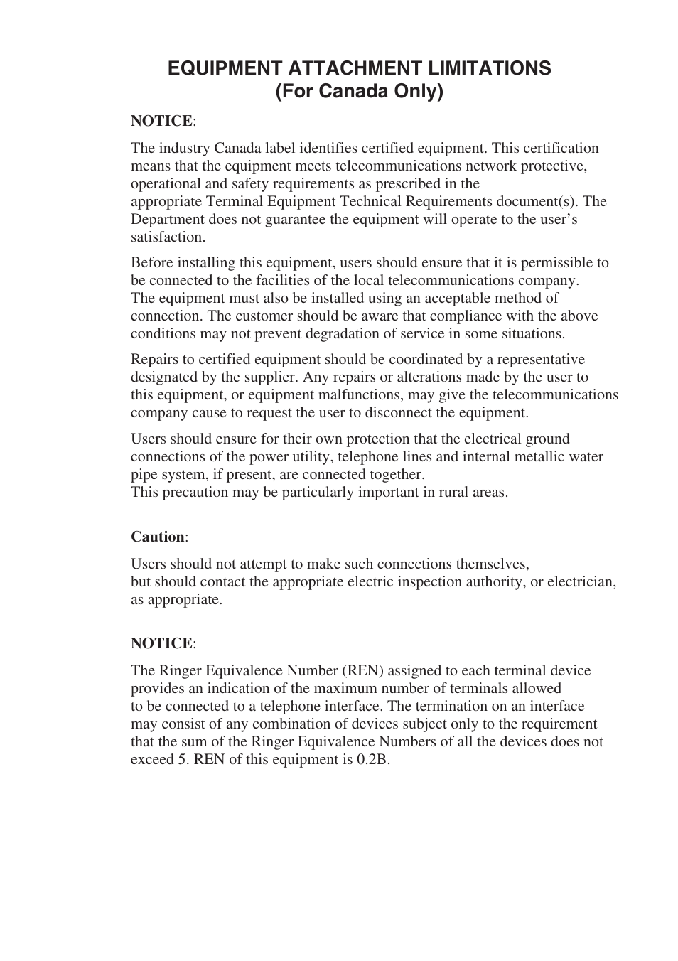 Equipment attachment limitations (for canada only) | Brother IntelliFAX 4100e User Manual | Page 155 / 156