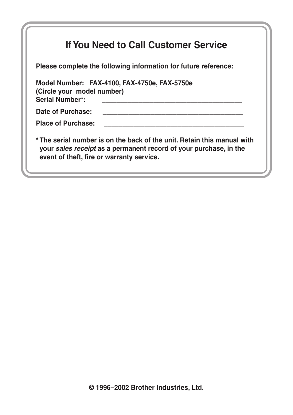 If you need to call customer service | Brother IntelliFAX 4100e User Manual | Page 2 / 156