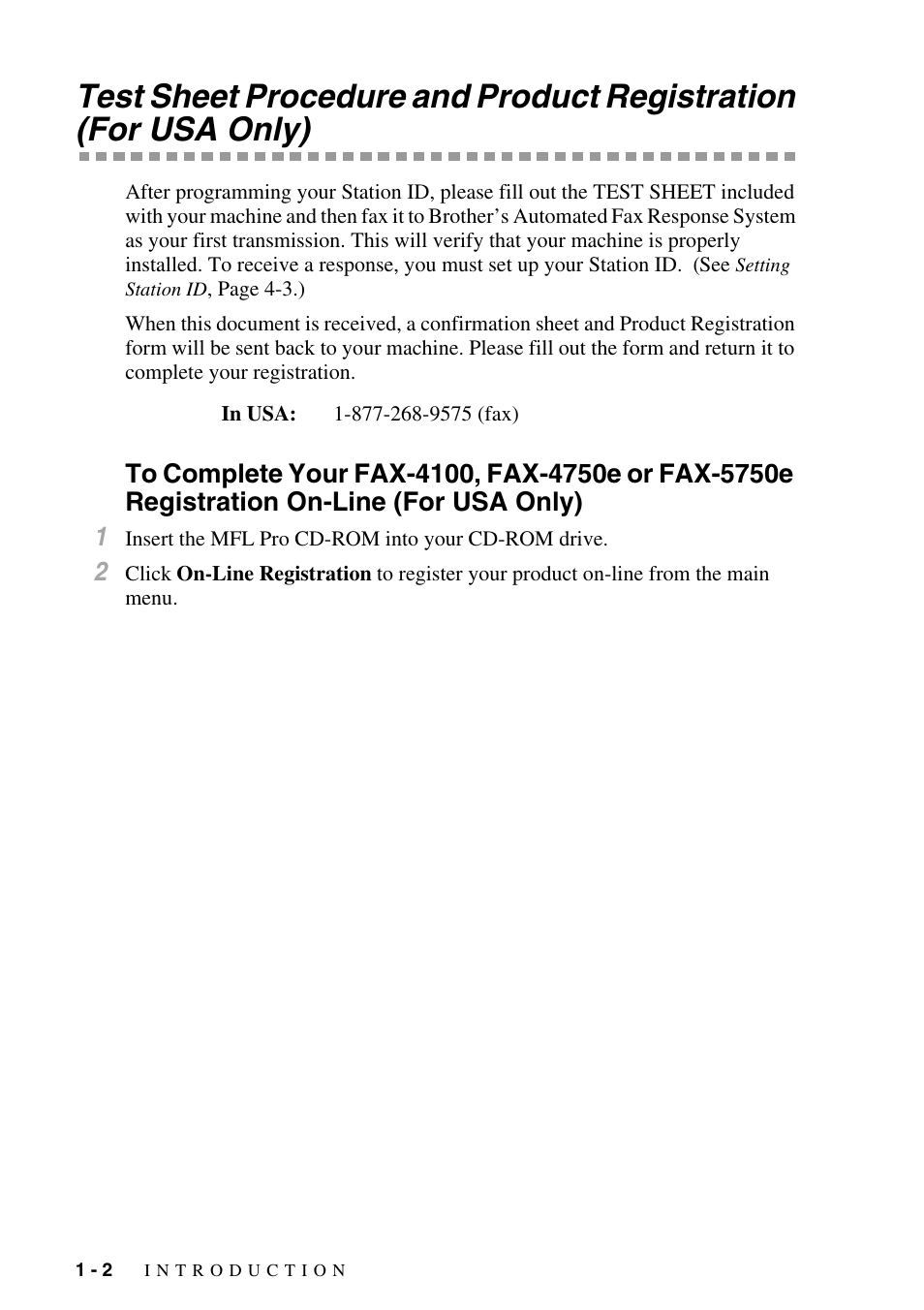 To complete your fax-4100, fax-4750e or, Fax-5750e registration on-line (for usa only) -2 | Brother IntelliFAX 4100e User Manual | Page 22 / 156