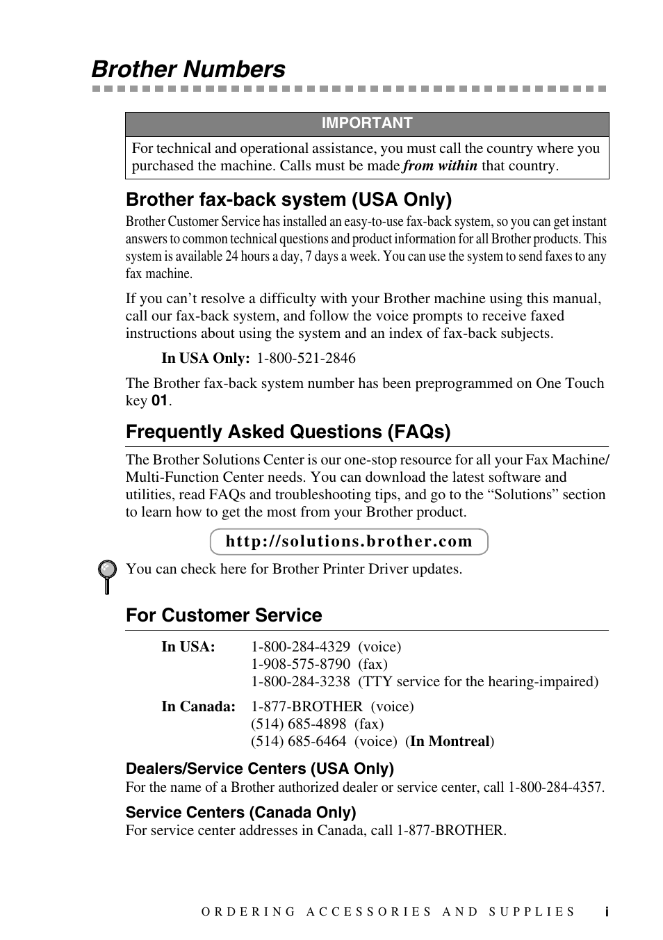 Brother numbers, Brother fax-back system (usa only), Frequently asked questions (faqs) | For customer service, Dealers/service centers (usa only), Service centers (canada only) | Brother IntelliFAX 4100e User Manual | Page 3 / 156