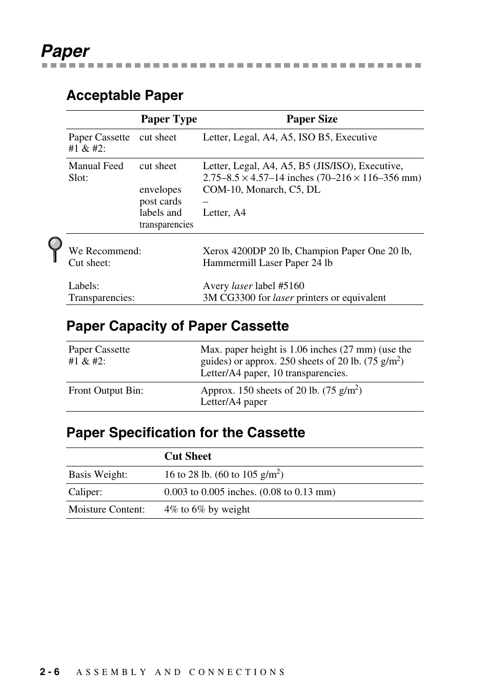 Paper, Acceptable paper, Paper capacity of paper cassette | Paper specification for the cassette, Paper -6 | Brother IntelliFAX 4100e User Manual | Page 32 / 156