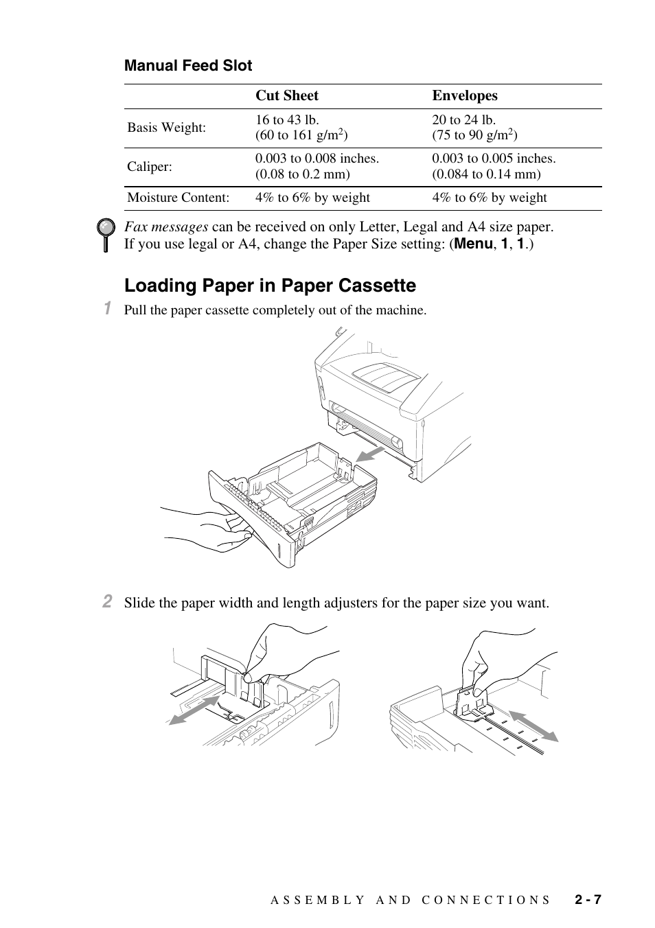 Manual feed slot, Loading paper in paper cassette, Manual feed slot -7 | Loading paper in paper cassette -7, Loading paper in paper cassette 1 | Brother IntelliFAX 4100e User Manual | Page 33 / 156