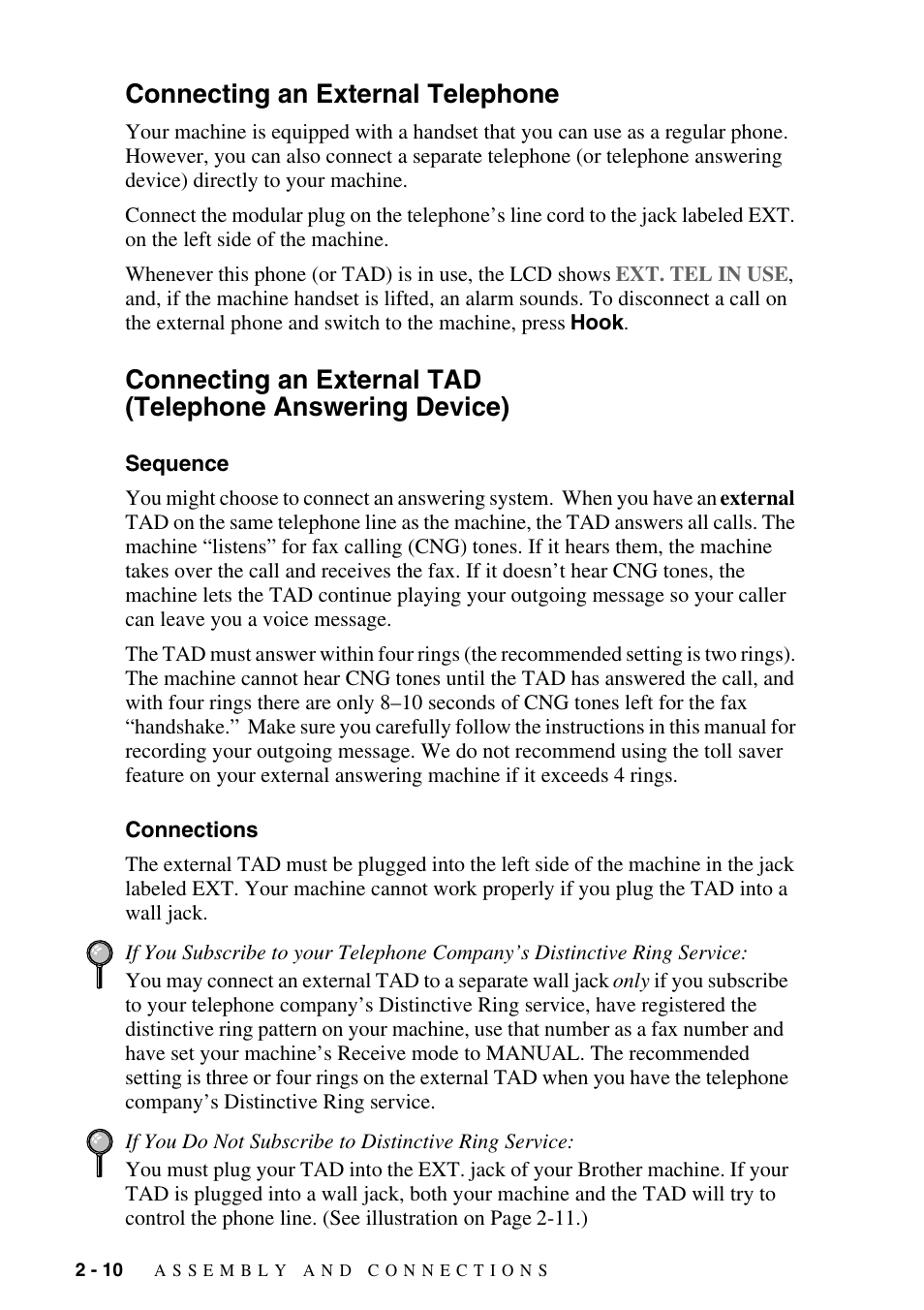 Connecting an external telephone, Sequence, Connections | Brother IntelliFAX 4100e User Manual | Page 36 / 156