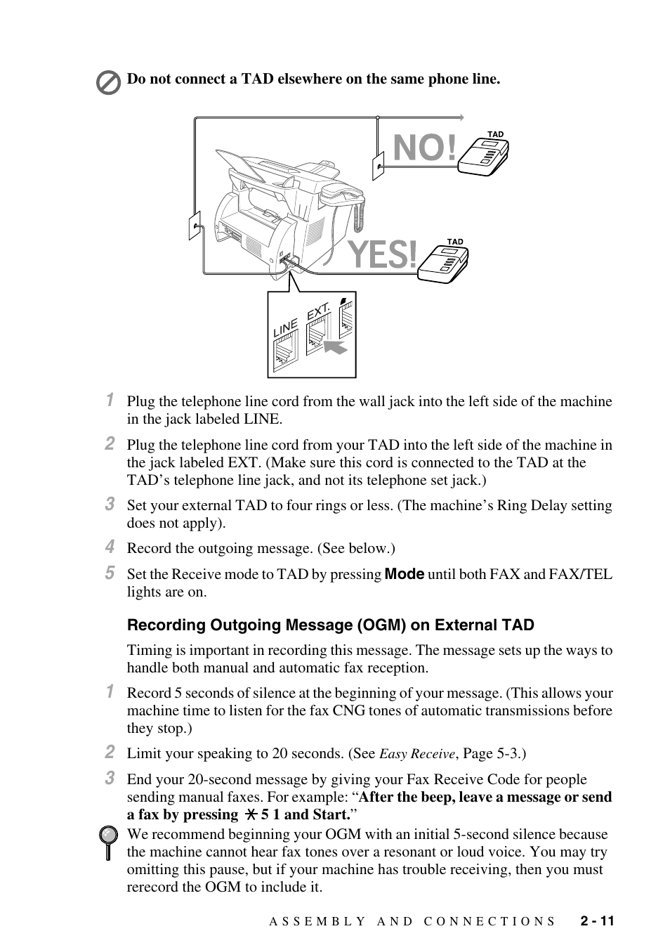 Recording outgoing message (ogm) on external tad, Recording outgoing message (ogm) on, External tad -11 | Brother IntelliFAX 4100e User Manual | Page 37 / 156