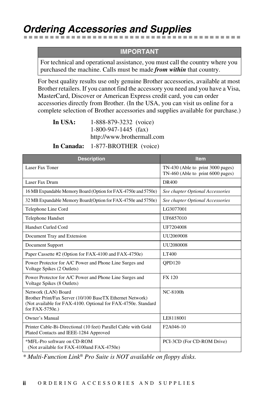 Ordering accessories and supplies | Brother IntelliFAX 4100e User Manual | Page 4 / 156