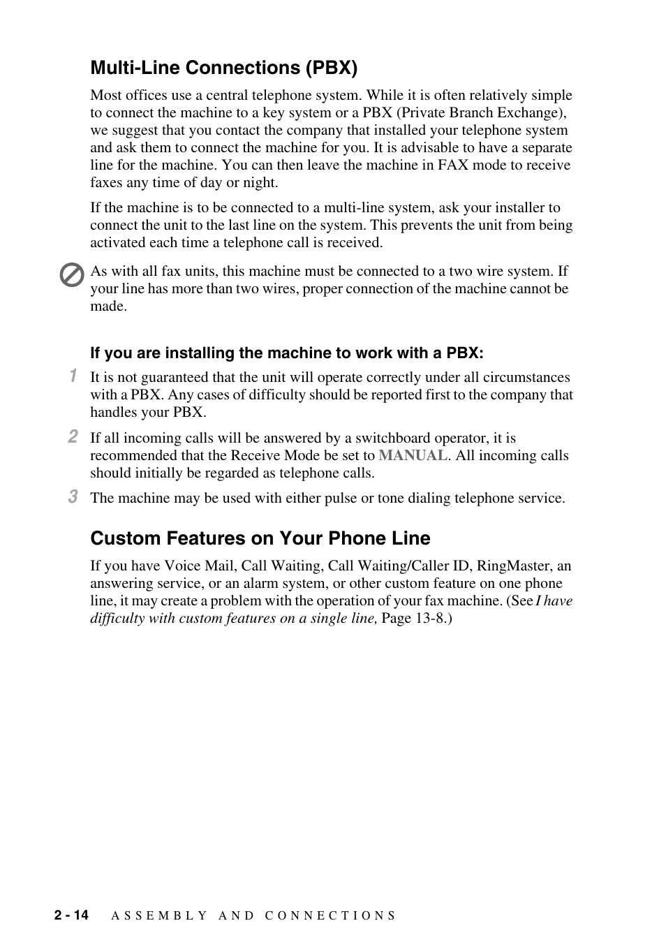 Multi-line connections (pbx), Custom features on your phone line, Multi-line connections (pbx) -14 | Custom features on your phone line -14 | Brother IntelliFAX 4100e User Manual | Page 40 / 156