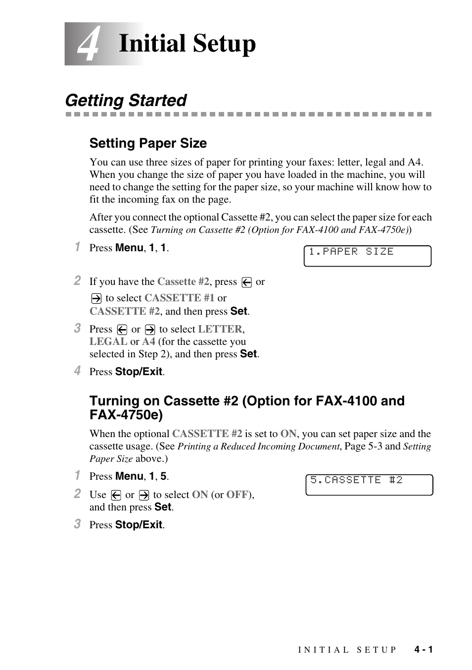 4 initial setup, Getting started, Setting paper size | Initial setup -1, Getting started -1, Fax-4750e) -1, Initial setup | Brother IntelliFAX 4100e User Manual | Page 49 / 156