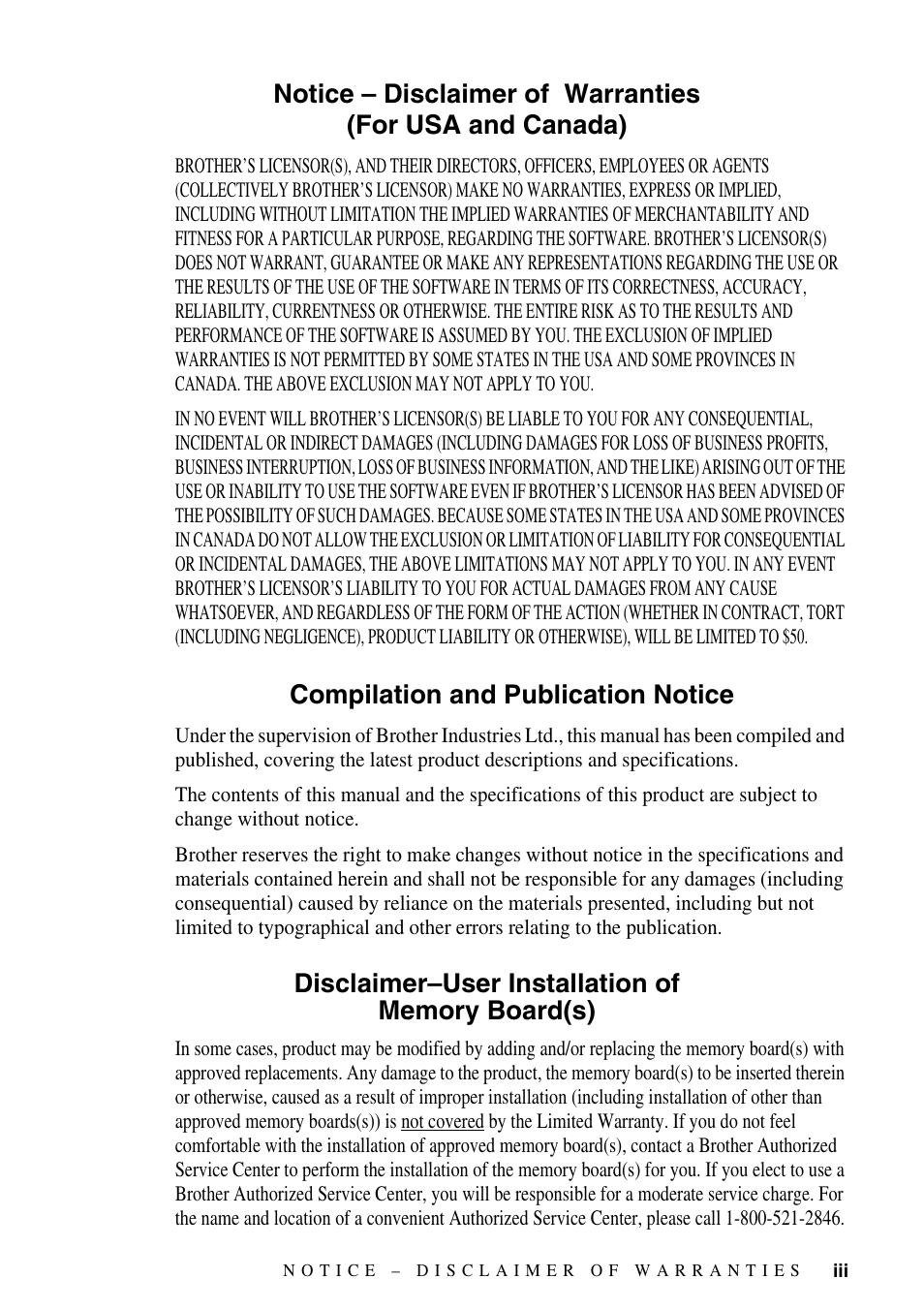 Compilation and publication notice, Disclaimer–user installation of memory board(s) | Brother IntelliFAX 4100e User Manual | Page 5 / 156