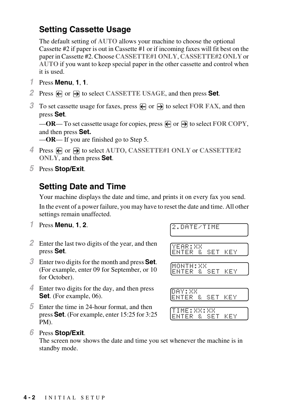 Setting cassette usage, Setting date and time, Setting cassette usage -2 setting date and time -2 | Brother IntelliFAX 4100e User Manual | Page 50 / 156