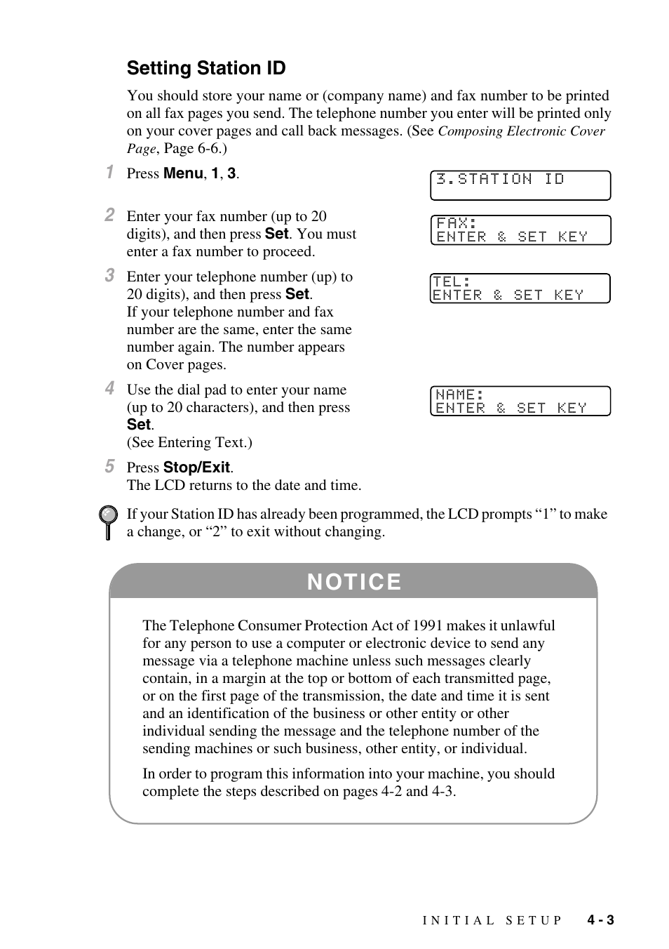 Setting station id, Setting station id -3, Setting | Station id, N ot i c e | Brother IntelliFAX 4100e User Manual | Page 51 / 156