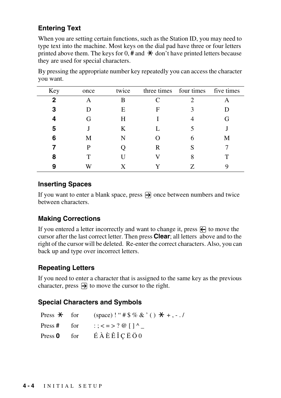 Entering text, Inserting spaces, Making corrections | Repeating letters, Special characters and symbols | Brother IntelliFAX 4100e User Manual | Page 52 / 156