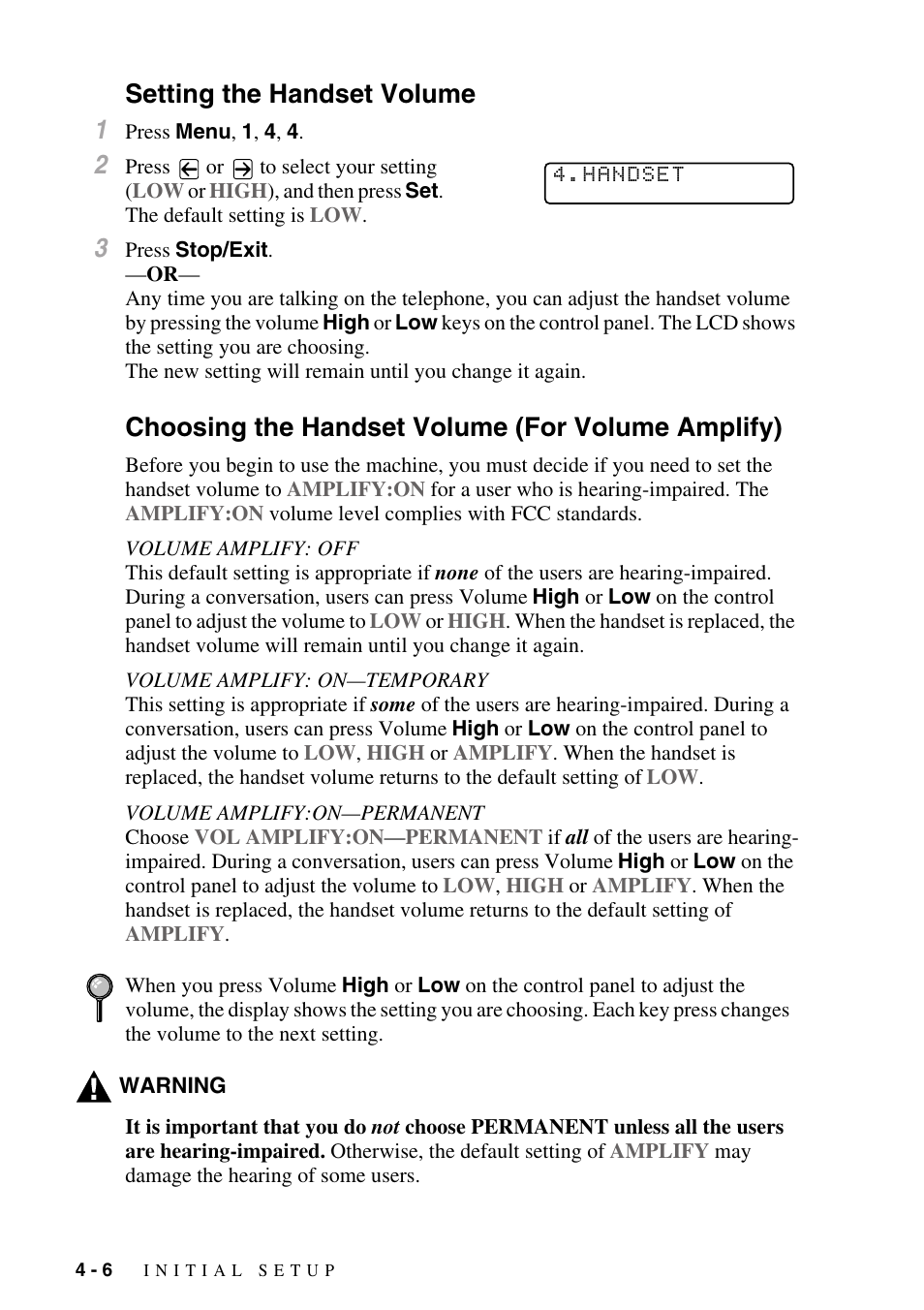 Setting the handset volume, Choosing the handset volume (for volume amplify), Setting the handset volume 1 | Brother IntelliFAX 4100e User Manual | Page 54 / 156