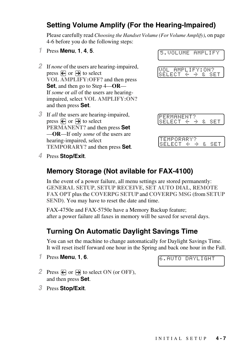 Setting volume amplify (for the hearing-impaired), Memory storage (not avilable for fax-4100), Turning on automatic daylight savings time | Brother IntelliFAX 4100e User Manual | Page 55 / 156