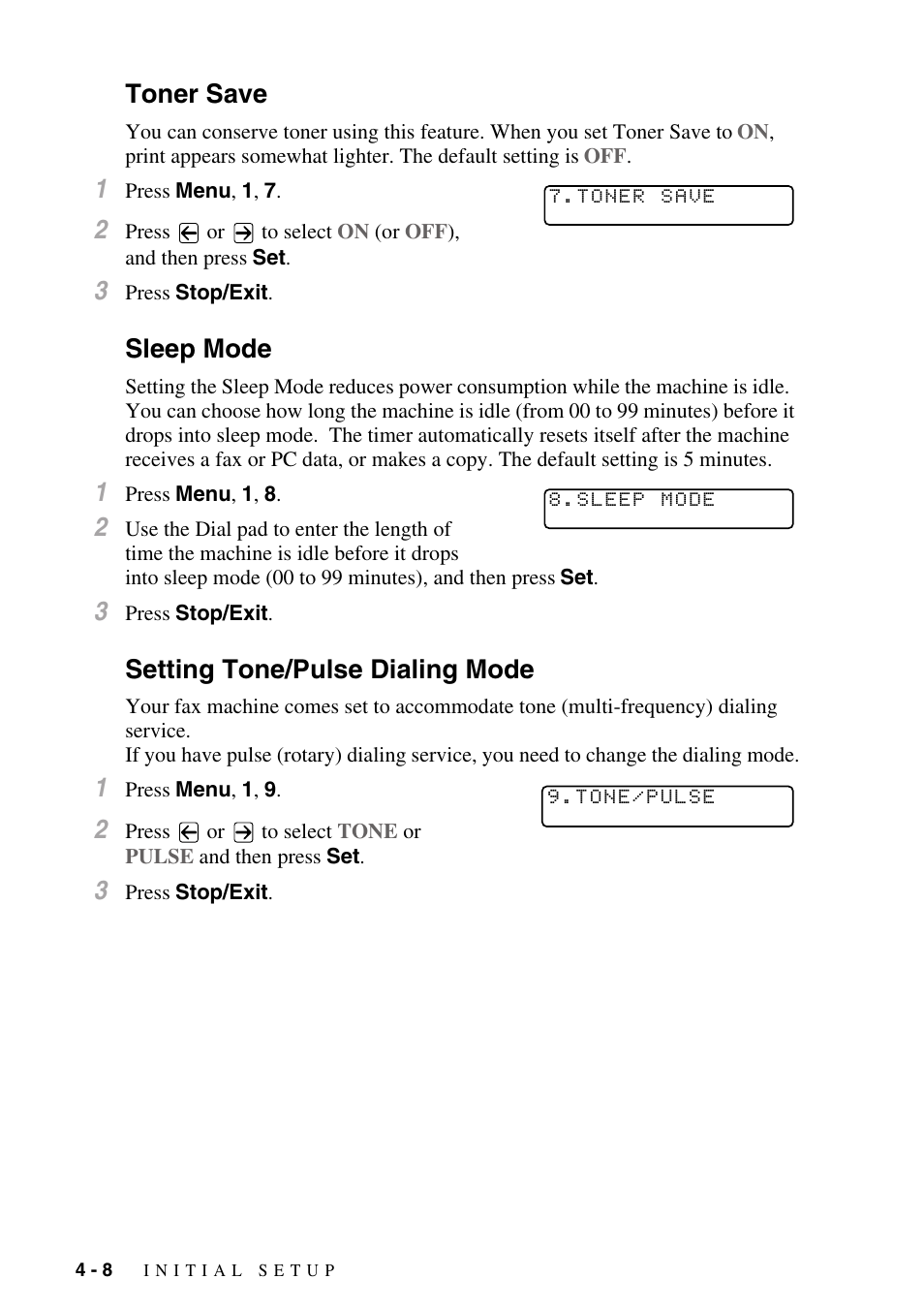 Toner save, Sleep mode, Setting tone/pulse dialing mode | Brother IntelliFAX 4100e User Manual | Page 56 / 156