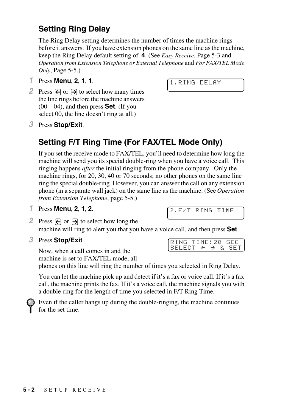 Setting ring delay, Setting f/t ring time (for fax/tel mode only) | Brother IntelliFAX 4100e User Manual | Page 58 / 156