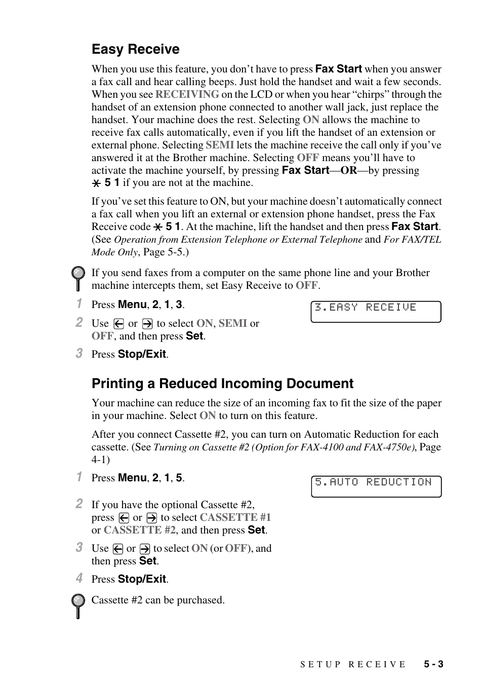 Easy receive, Printing a reduced incoming document | Brother IntelliFAX 4100e User Manual | Page 59 / 156