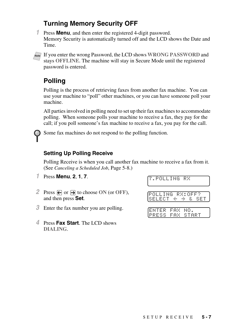 Turning memory security off, Polling, Setting up polling receive | Turning memory security off -7 polling -7, Setting up polling receive -7 | Brother IntelliFAX 4100e User Manual | Page 63 / 156