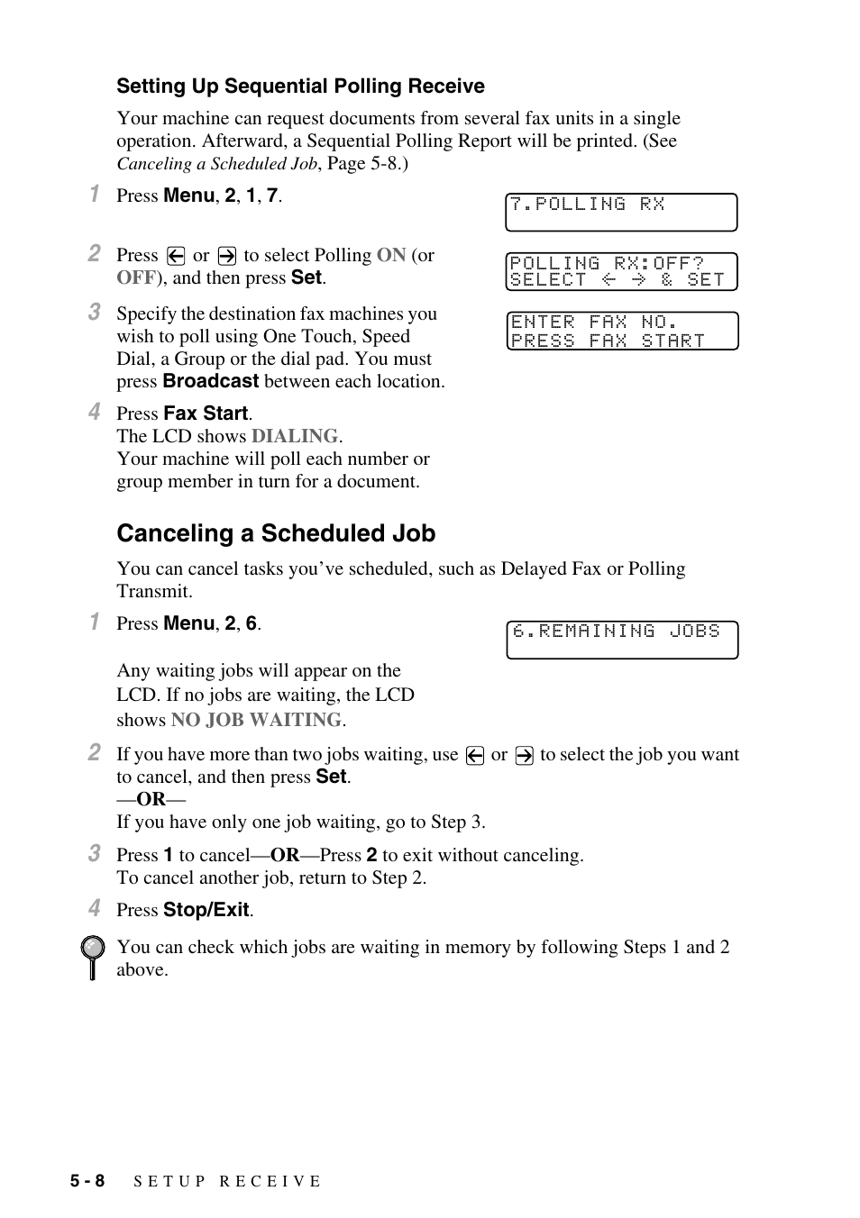 Setting up sequential polling receive, Canceling a scheduled job, Setting up sequential polling receive -8 | Canceling a scheduled job -8 | Brother IntelliFAX 4100e User Manual | Page 64 / 156