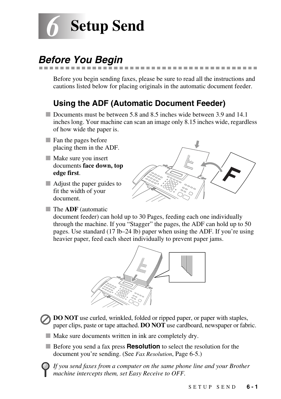 6 setup send, Before you begin, Using the adf (automatic document feeder) | Setup send -1, Before you begin -1, Using the adf (automatic document feeder) -1, Setup send | Brother IntelliFAX 4100e User Manual | Page 65 / 156