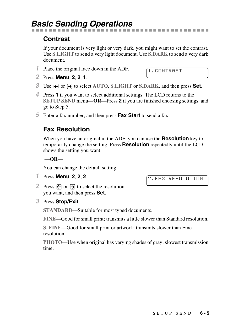 Basic sending operations, Contrast, Fax resolution | Basic sending operations -5, Contrast -5 fax resolution -5 | Brother IntelliFAX 4100e User Manual | Page 69 / 156