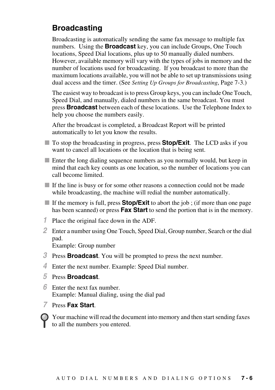 Broadcasting, Broadcasting -6 | Brother IntelliFAX 4100e User Manual | Page 81 / 156