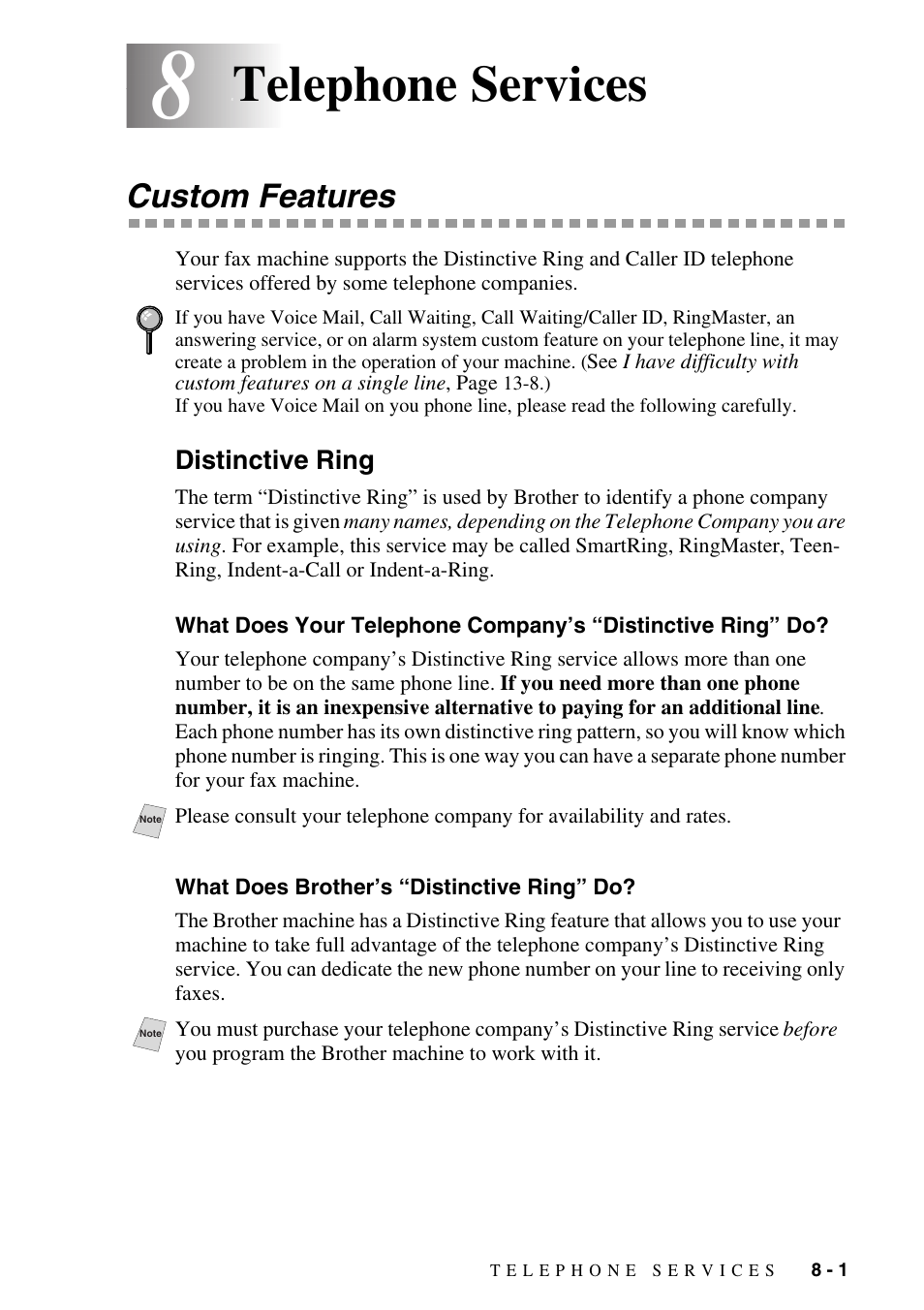 8 telephone services, Custom features, Distinctive ring | What does brother’s “distinctive ring” do, Telephone services -1, Custom features -1, Distinctive ring -1, What does your telephone company’s, Distinctive ring” do? -1, What does brother’s “distinctive ring” do? -1 | Brother IntelliFAX 4100e User Manual | Page 83 / 156