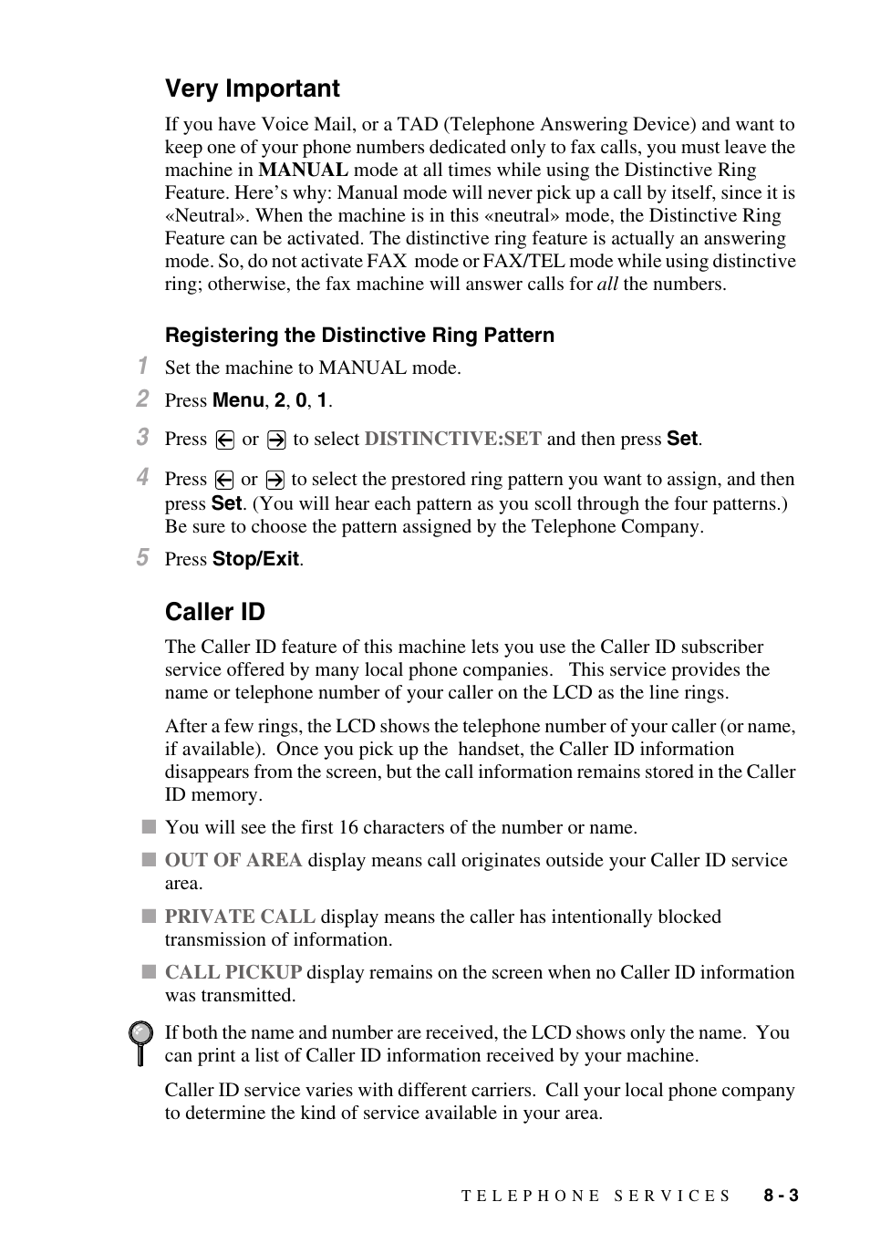 Very important, Registering the distinctive ring pattern, Caller id | Very important -3, Registering the distinctive ring pattern -3, Caller id -3 | Brother IntelliFAX 4100e User Manual | Page 85 / 156