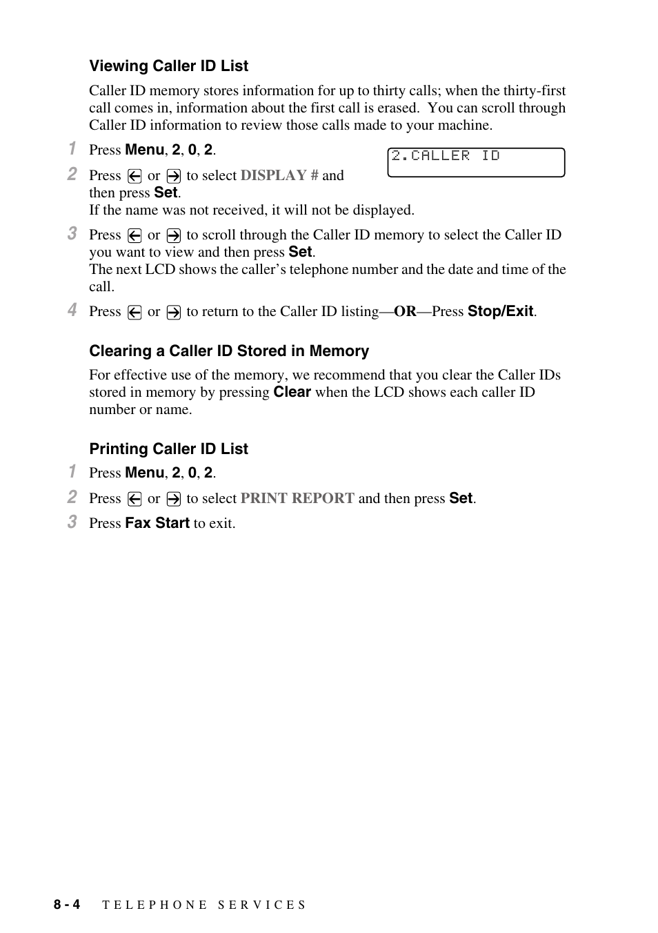 Viewing caller id list, Clearing a caller id stored in memory, Printing caller id list | Brother IntelliFAX 4100e User Manual | Page 86 / 156