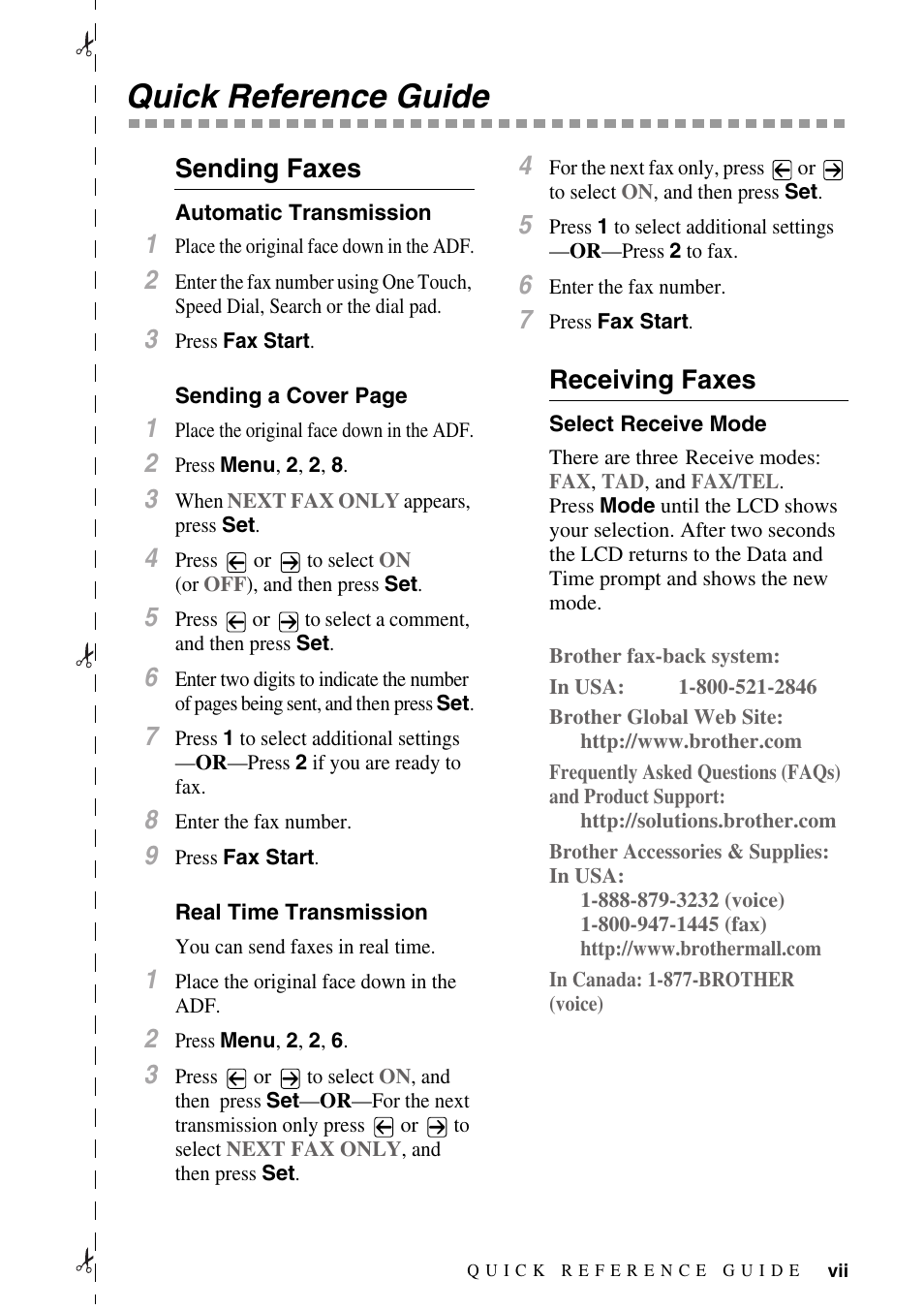 Quick reference guide, Sending faxes, Automatic transmission | Real time transmission, Receiving faxes, Select receive mode | Brother IntelliFAX 4100e User Manual | Page 9 / 156