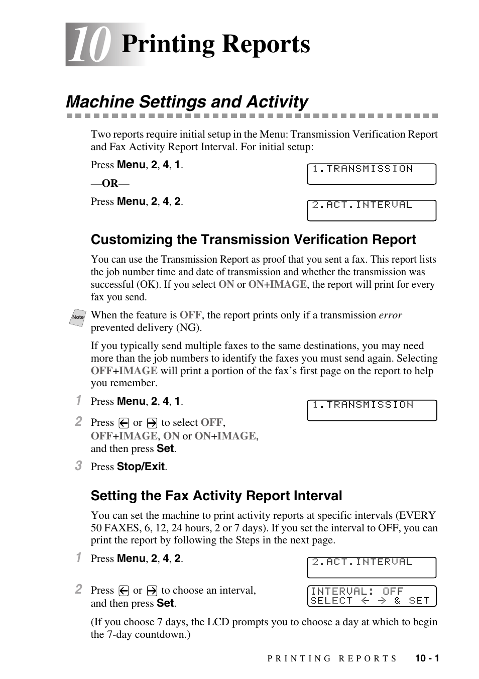 10 printing reports, Machine settings and activity, Customizing the transmission verification report | Setting the fax activity report interval, Printing reports -1, Machine settings and activity -1, Printing reports | Brother IntelliFAX 4100e User Manual | Page 93 / 156