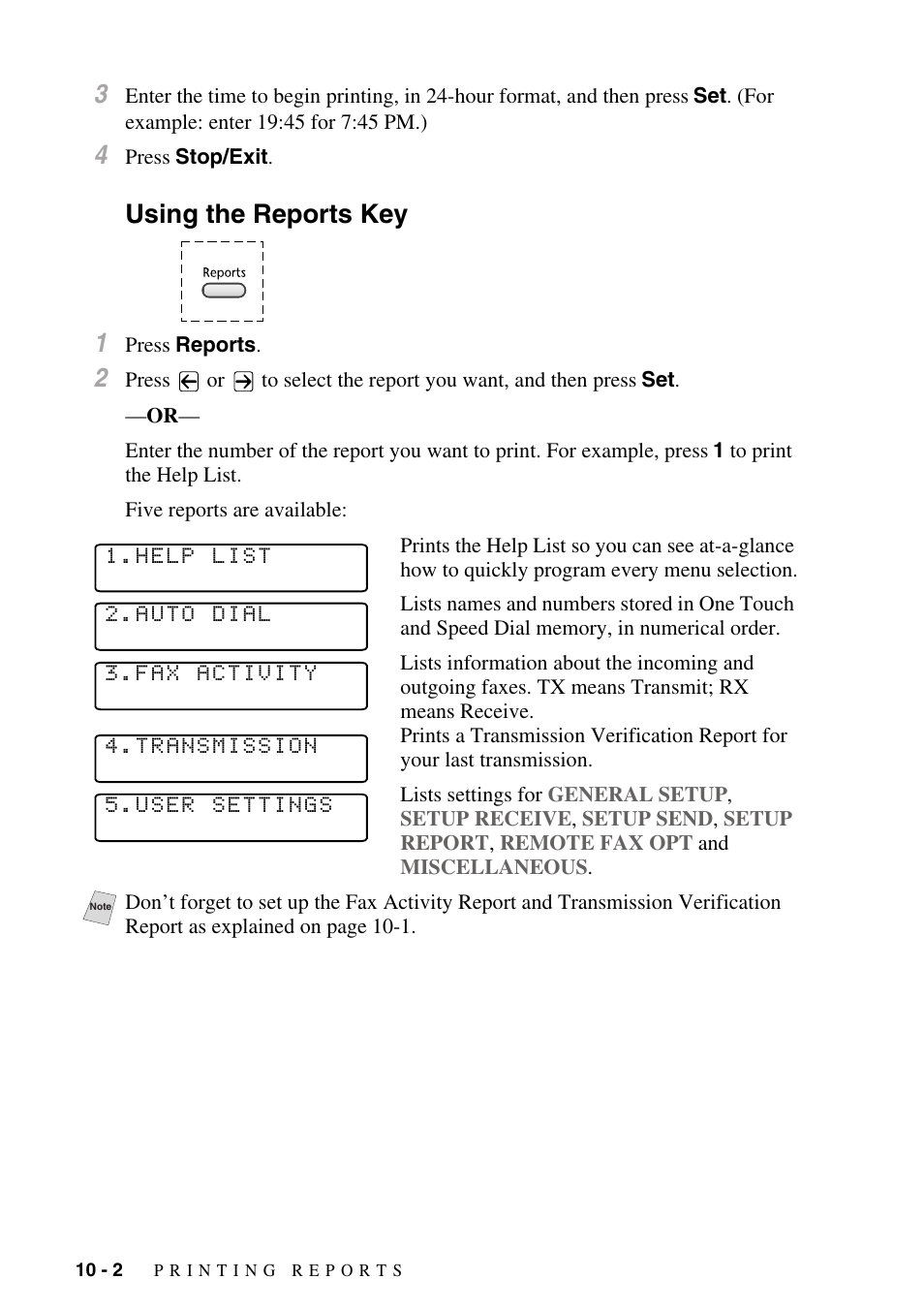 Using the reports key, Using the reports key -2, Using the reports key 1 | Brother IntelliFAX 4100e User Manual | Page 94 / 156