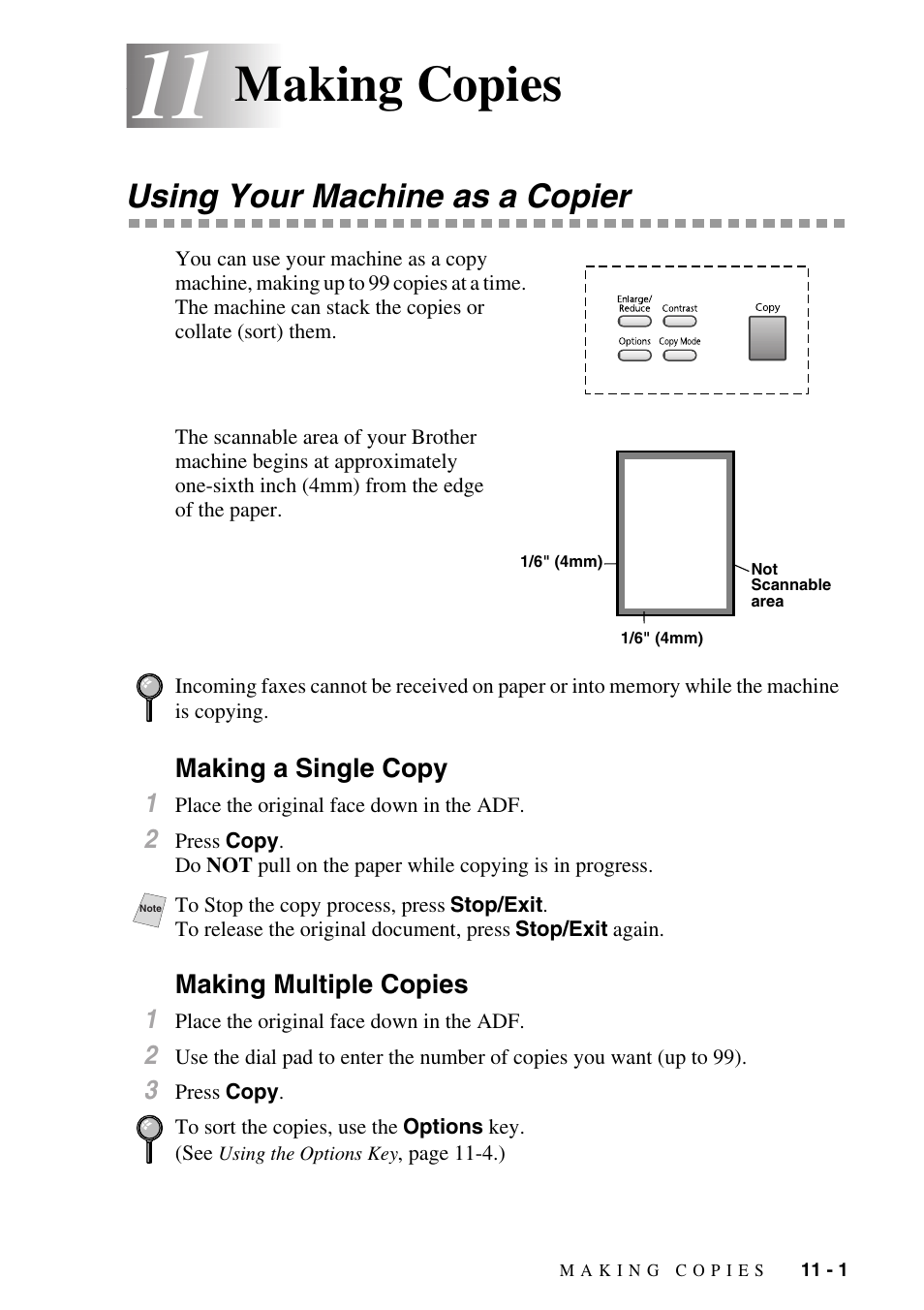 11 making copies, Using your machine as a copier, Making a single copy | Making multiple copies, Making copies -1, Using your machine as a copier -1, Making a single copy -1 making multiple copies -1, Making copies | Brother IntelliFAX 4100e User Manual | Page 95 / 156