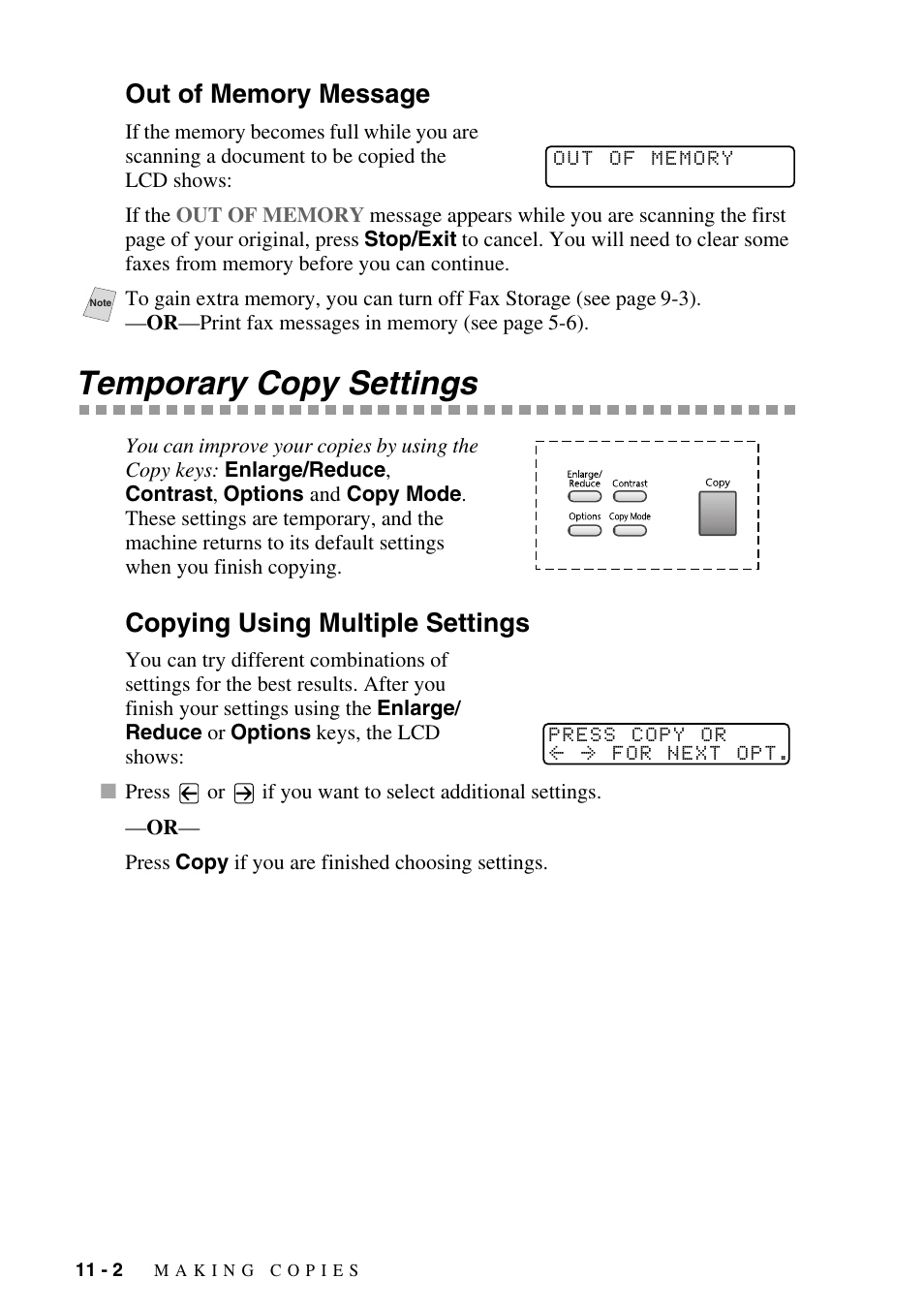 Out of memory message, Temporary copy settings, Copying using multiple settings | Out of memory message -2, Temporary copy settings -2, Copying using multiple settings -2 | Brother IntelliFAX 4100e User Manual | Page 96 / 156