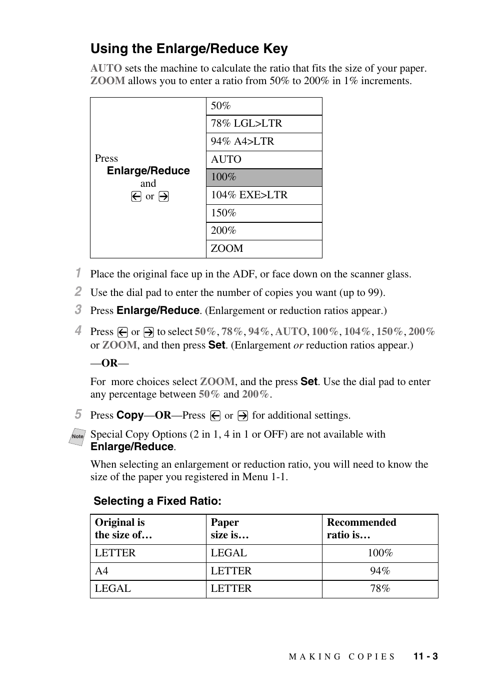 Using the enlarge/reduce key, Using the enlarge/reduce key -3 | Brother IntelliFAX 4100e User Manual | Page 97 / 156