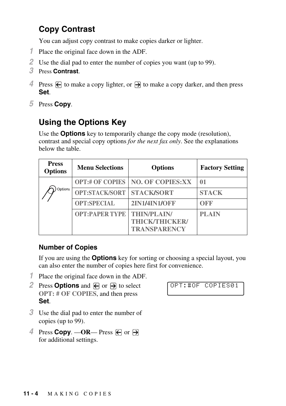 Copy contrast, Using the options key, Number of copies | Copy contrast -4 using the options key -4, Number of copies -4 | Brother IntelliFAX 4100e User Manual | Page 98 / 156