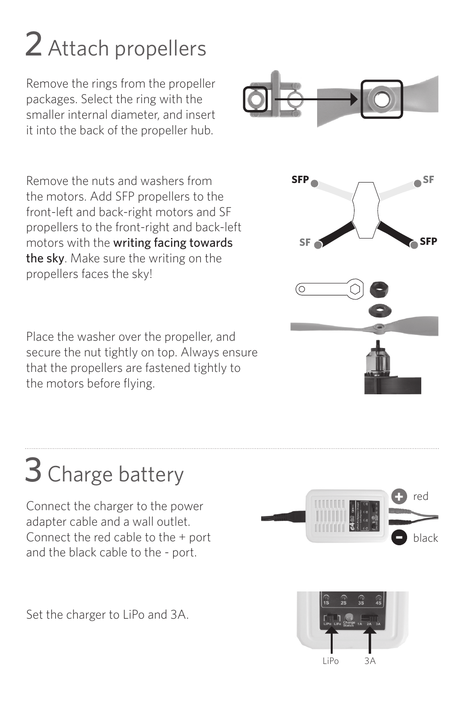 Attach propellers, Charge battery | 3D Robotics Quad Ready-to-Fly 2013 User Manual | Page 2 / 8