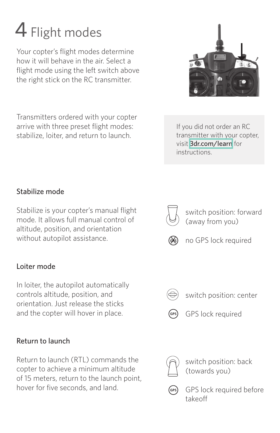 Flight modes | 3D Robotics Quad Ready-to-Fly 2013 User Manual | Page 4 / 8