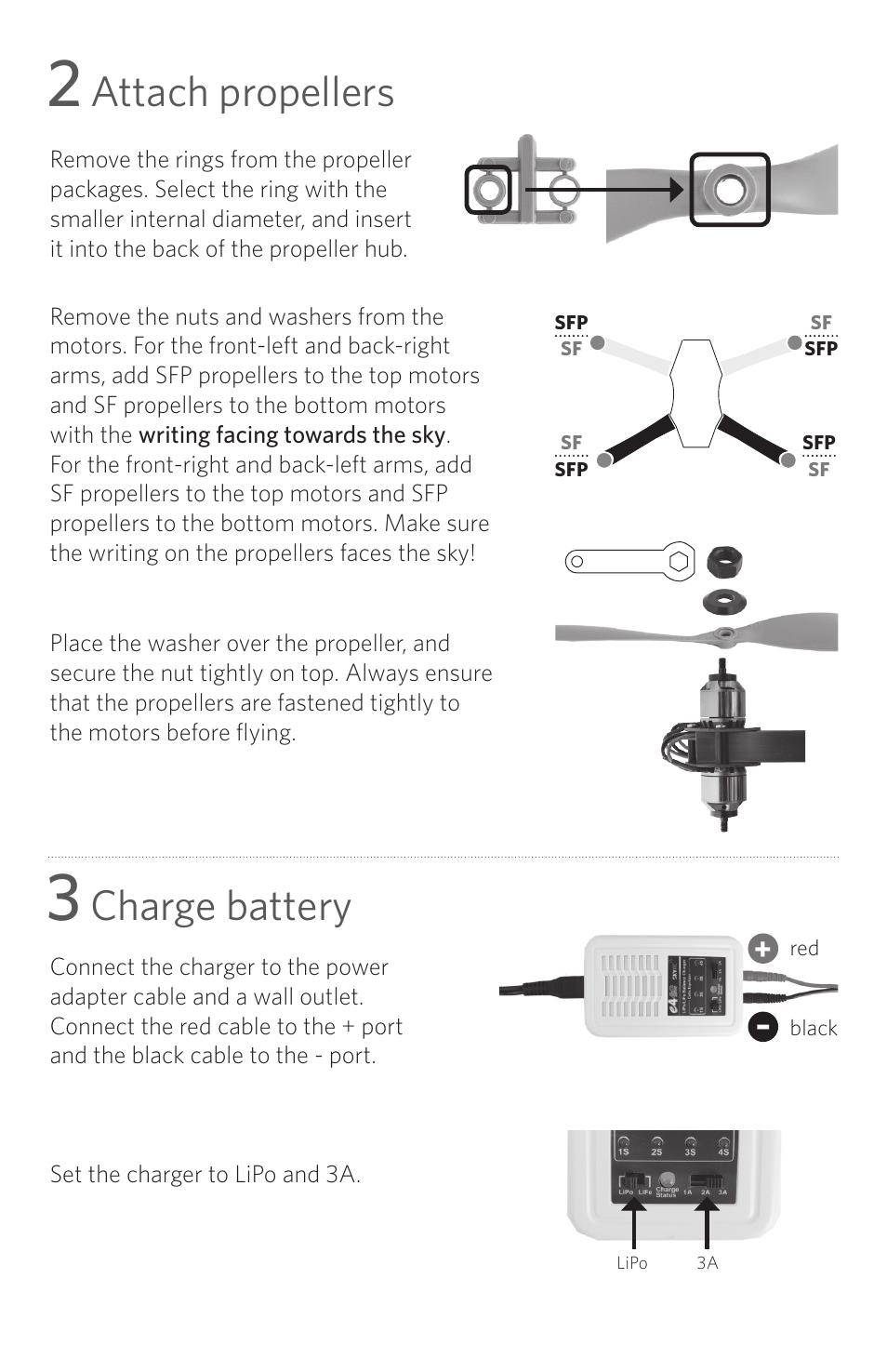 Attach propellers, Charge battery | 3D Robotics X8 Ready-to-Fly 2013 User Manual | Page 2 / 8
