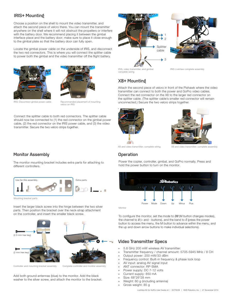 Iris+ mounting x8+ mounting monitor assembly, Operation, Video transmitter specs | 3D Robotics LiveView Kit for GoPro User Manual | Page 2 / 2