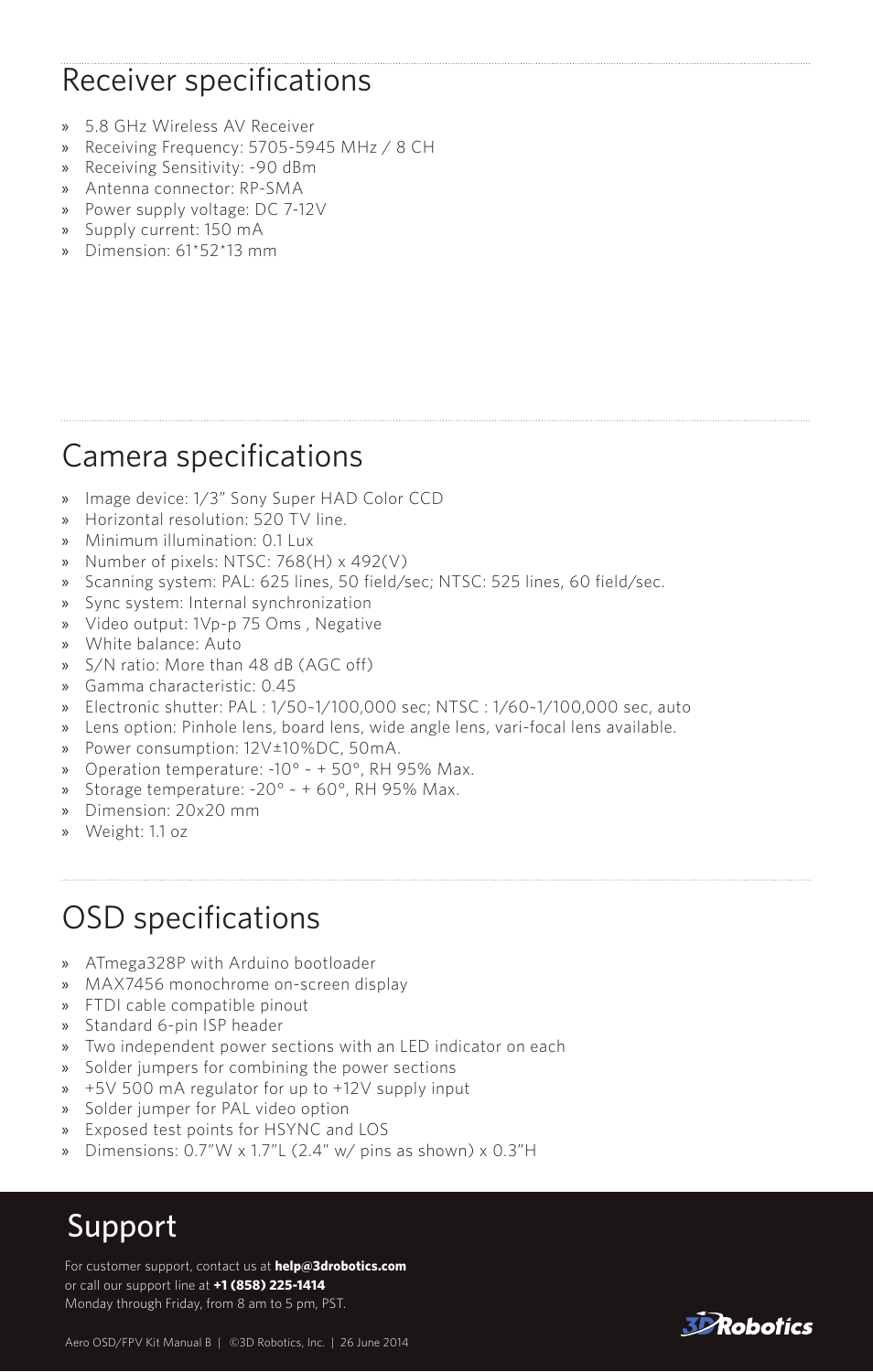 Support camera specifications, Osd specifications, Receiver specifications | 3D Robotics RTF Aero OSD User Manual | Page 5 / 5