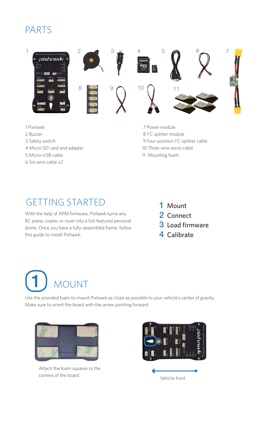 Parts, Mount, Getting started | 3D Robotics Pixhawk Autopilot User Manual | Page 2 / 14